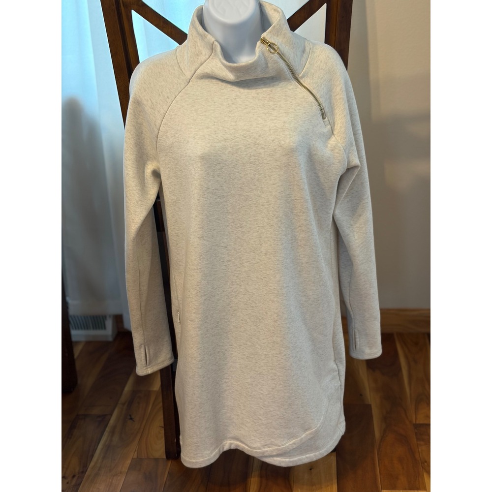 Athleta Cozy Karma Asym Zip Sweatshirt Dress Oatmeal Heather Grey Small